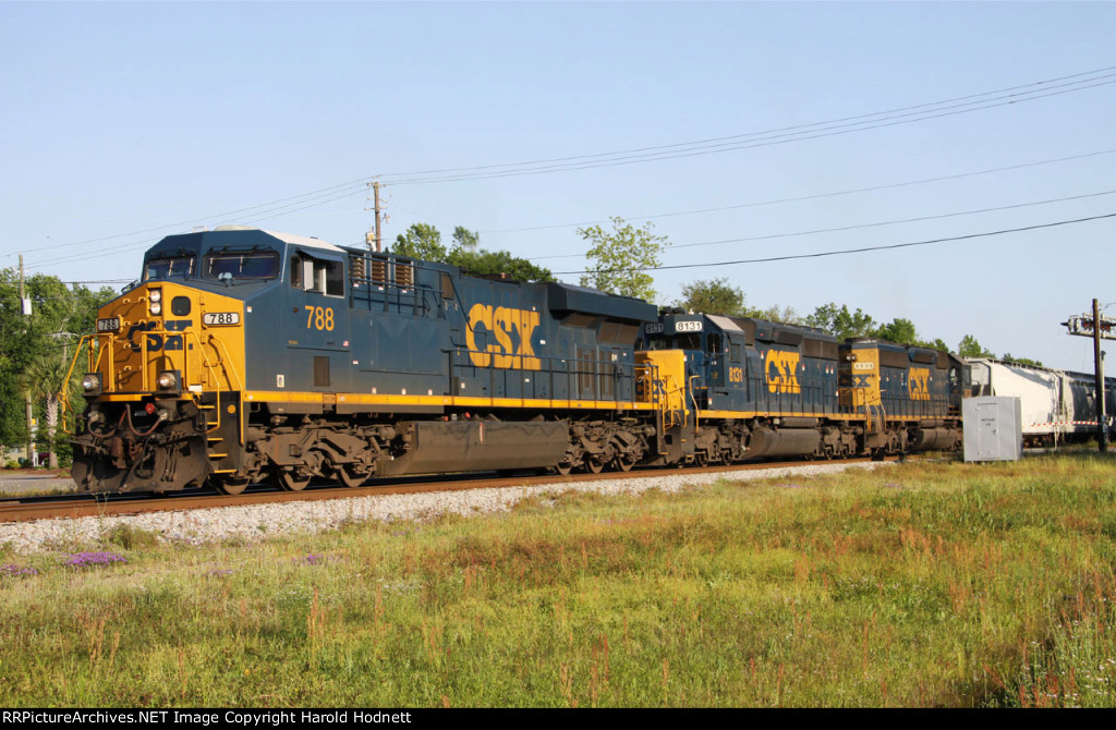 CSX 788 leads a train across Montague Avenue